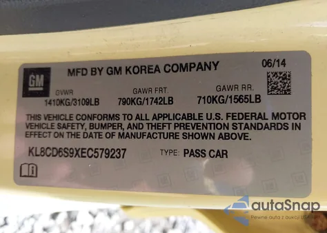 2014 Chevrolet Spark 1Lt Auto из США, поврежденный, VIN KL8CD6S9XEC579237